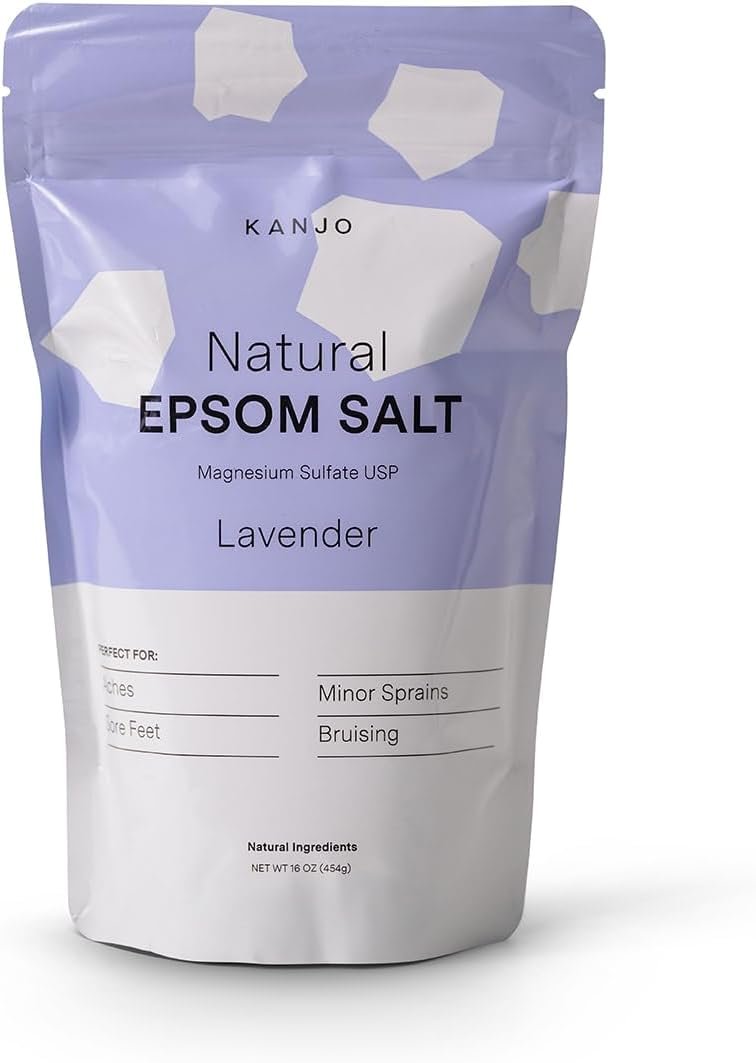 Kanjo Natural Epsom Salt – Pure Magnesium Sulfate USP – Lavender Essential Oil – Vitamin E Oil – Bath Salt – Soak for Muscles, Feet & Joints – Unscented – 16oz Bag