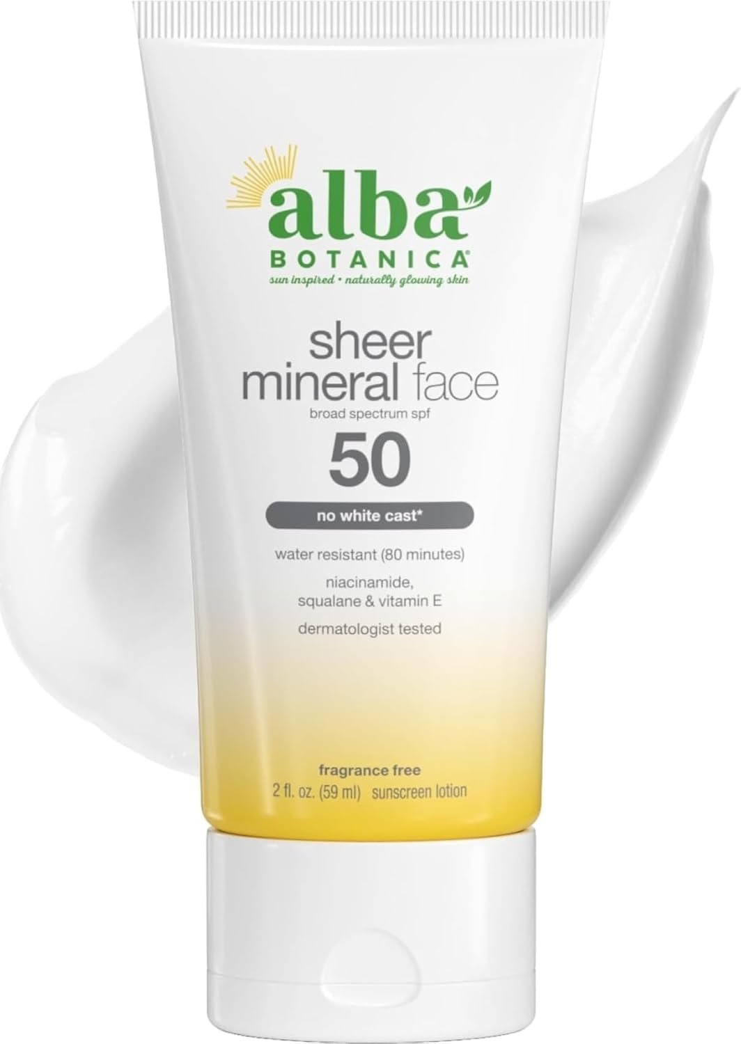 Alba Botanica Sunscreen for Face, Fragrance-Free Sheer Mineral Face Sunscreen Lotion, Broad Spectrum SPF 50, Water Resistant and Biodegradable, 2 fl. oz. Bottle (Packaging May Vary)