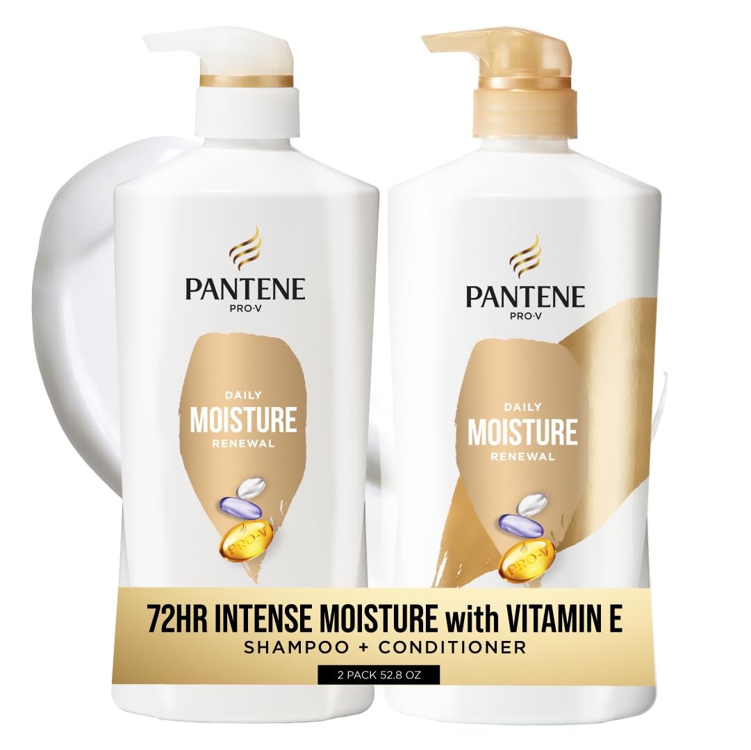 Pantene Shampoo & Conditioner Set, Daily Moisture Renewal with Vitamin E – Pro-V Nutrients for Dry, Color-Treated, Straight to Curly Hair, 72-Hour Hydration & Softness, Twin Pack, 52.8 Oz Total