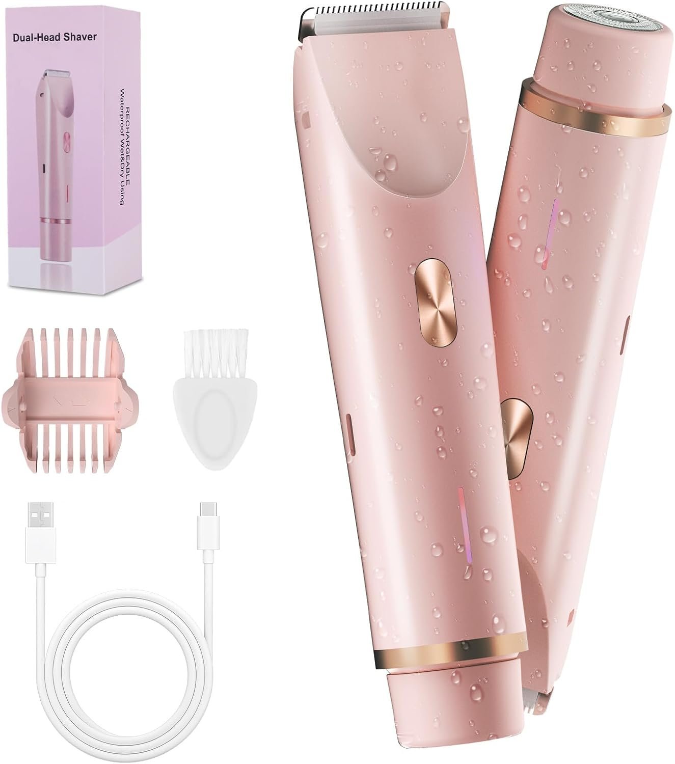2-in-1 Bikini Trimmer for Women, Bikini Shaver with Dual Heads, Body and Facial Hair Removal, Rechargeable Cordless Electric Razors for Face Chin Pubic Underarm Legs, IPX7 Waterproof, Pink