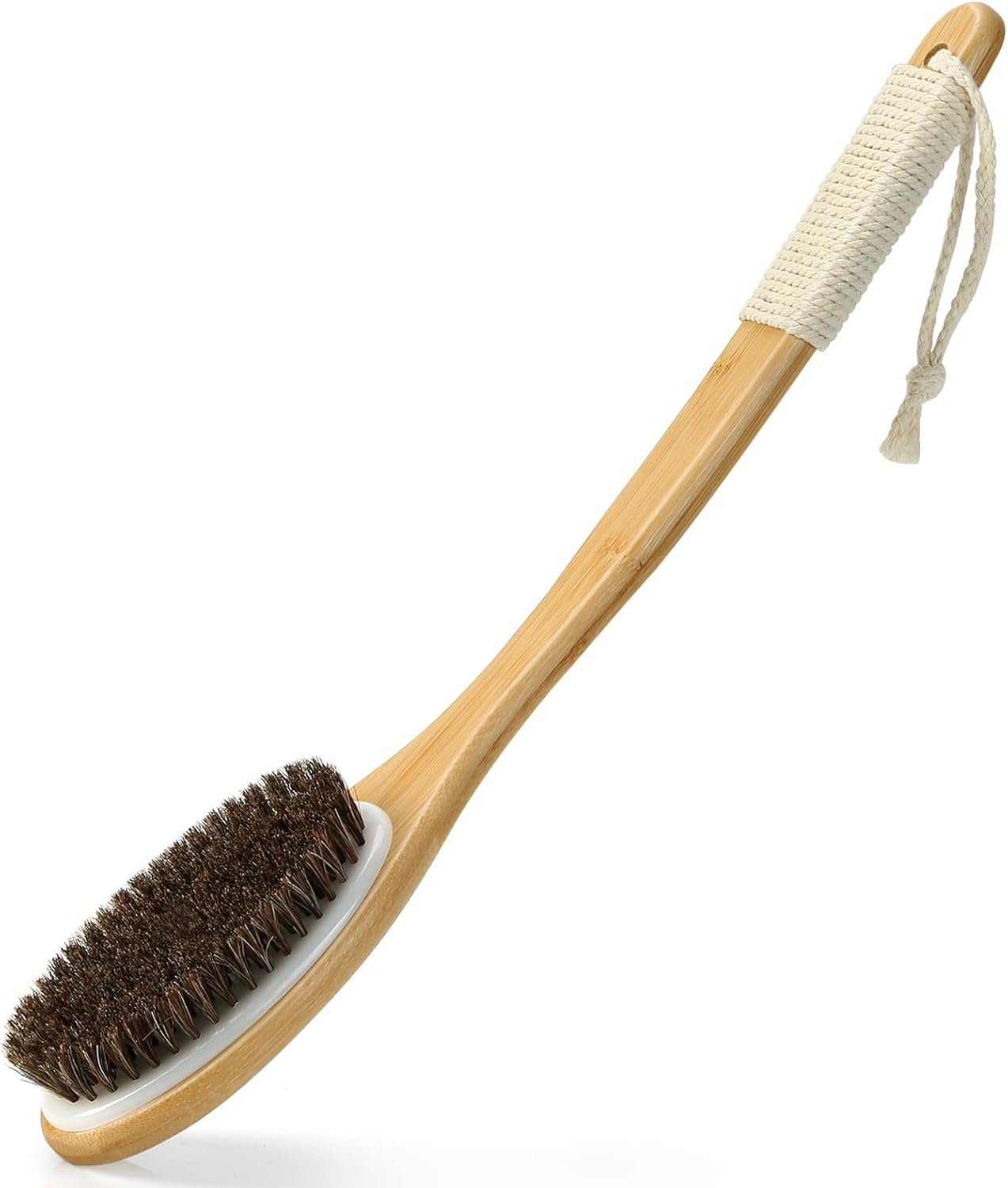 eaxun Bamboo Back Scrubber for Shower with Curved Long Handle, Shower Brush