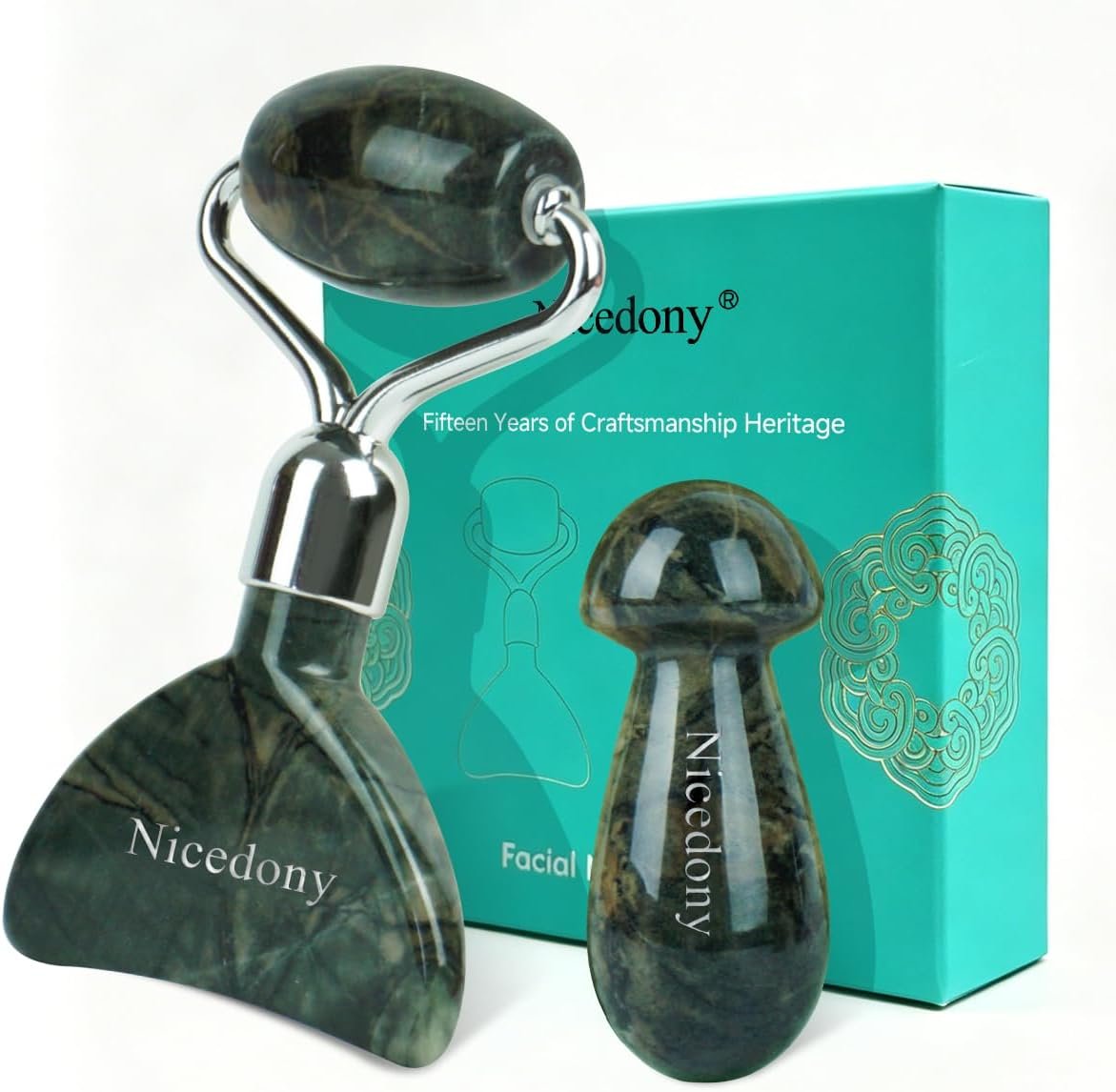 Gua Sha Tool for Face and Nine Dragon Jade Face Roller Set