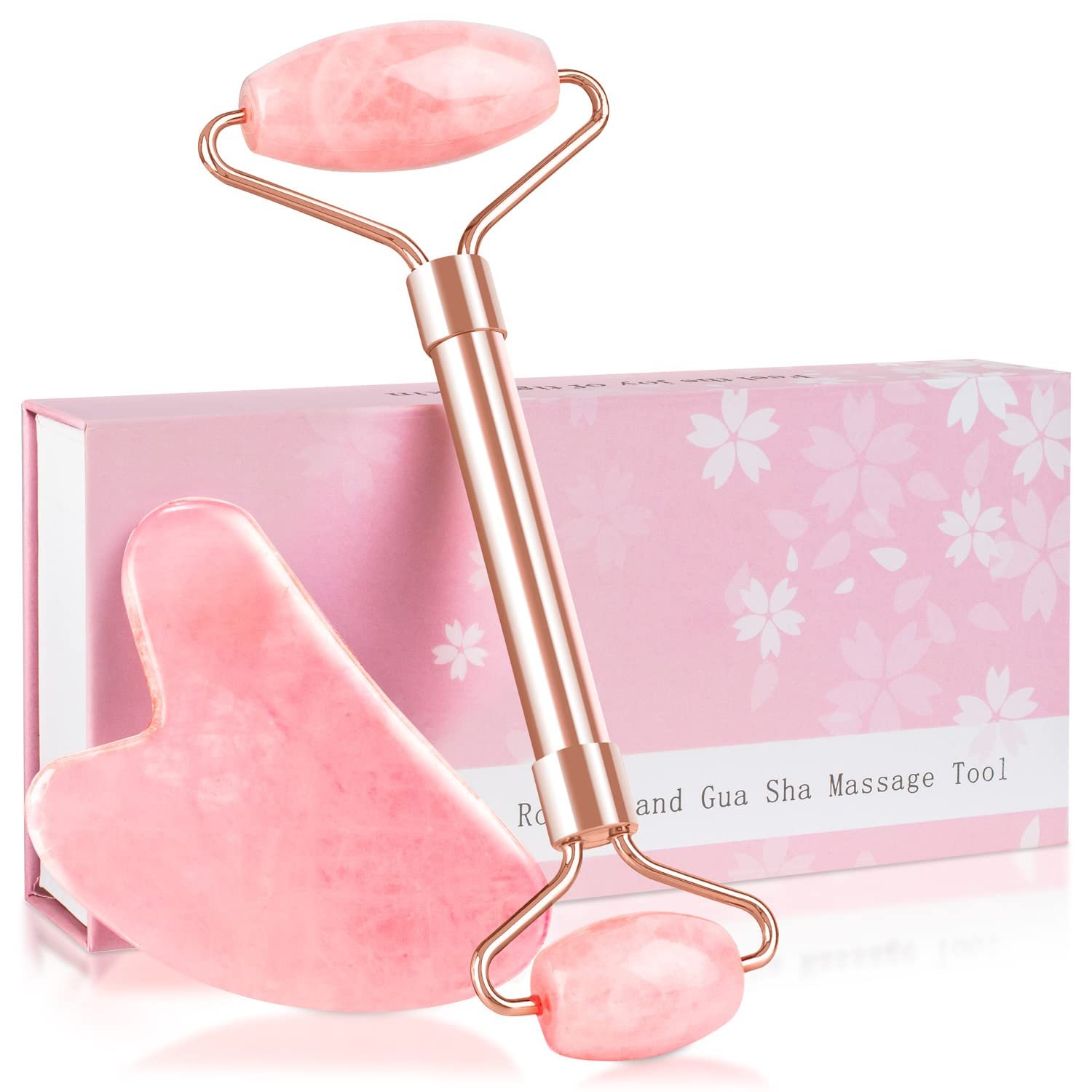 Jade Roller & GuaSha Set-Facial Beauty Roller Skin Care Tools, Rose Quartz Massager for Face, Eyes, Neck, Body to Relieve Wrinkles,Fine Line and Eyepuffiness