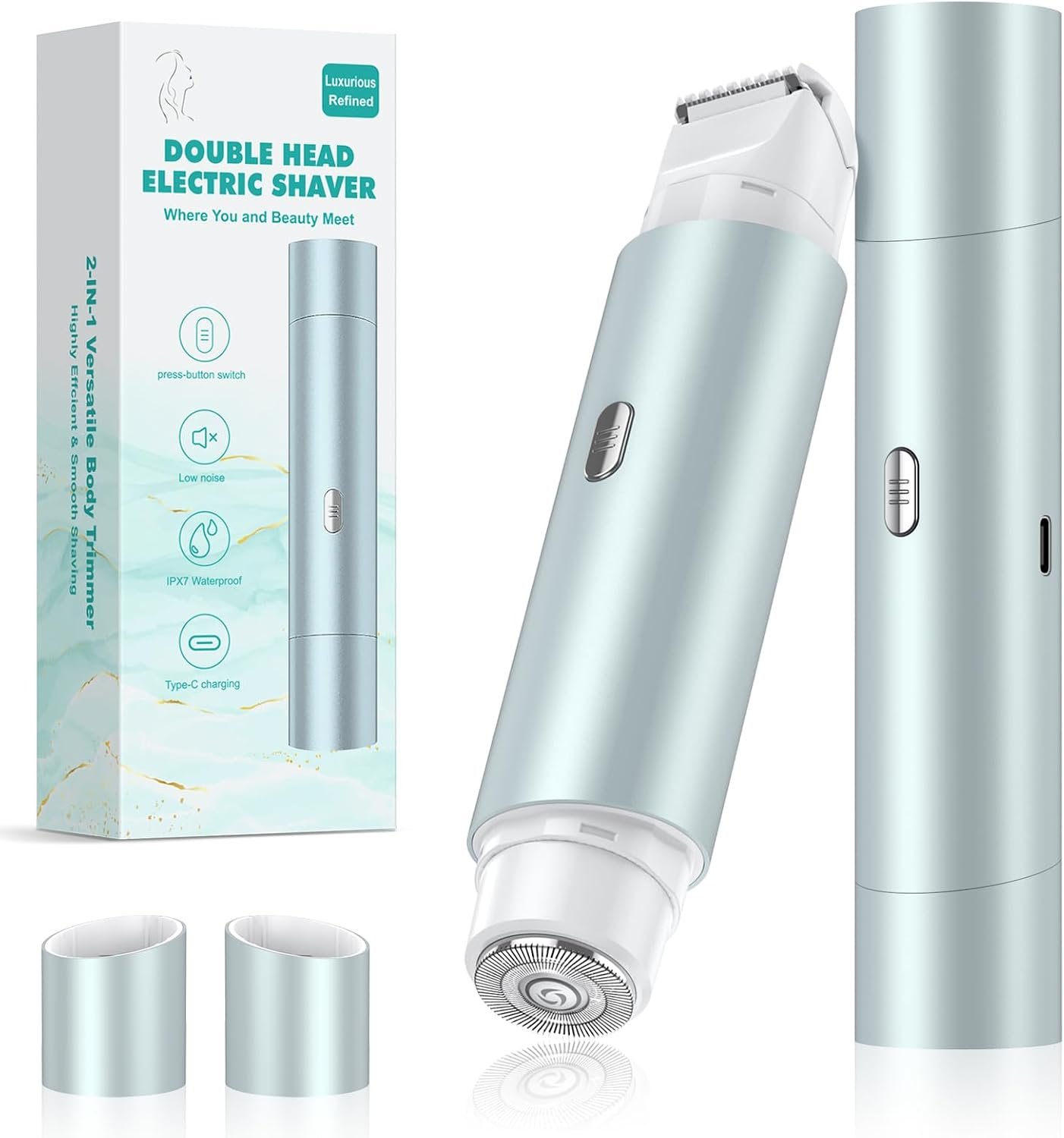 Bikini Shaver for Women, 2 in 1 Face Body Hair Trimmer Electric Razors for Arm Legs, Lake Green