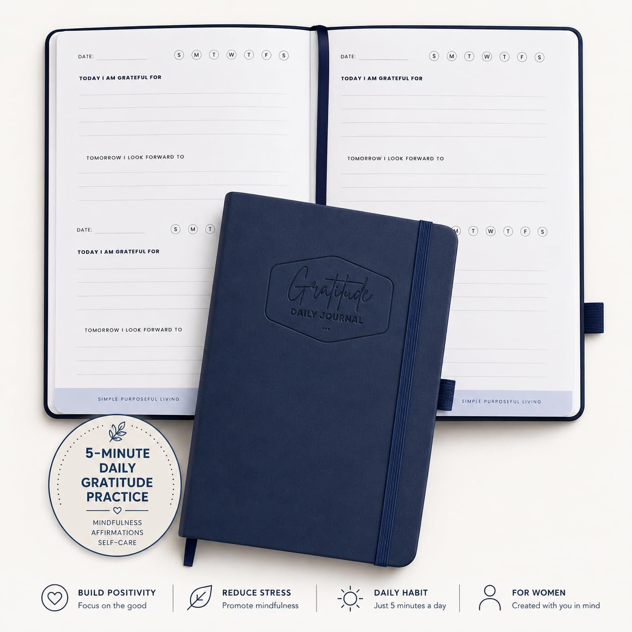 Simple Purposeful Living Gratitude Journal for Women – 5 Minute Daily Guided Gratitude Journal with Prompts for Mindfulness, Affirmations and Self Care – Leather Bound Wellness Notebook