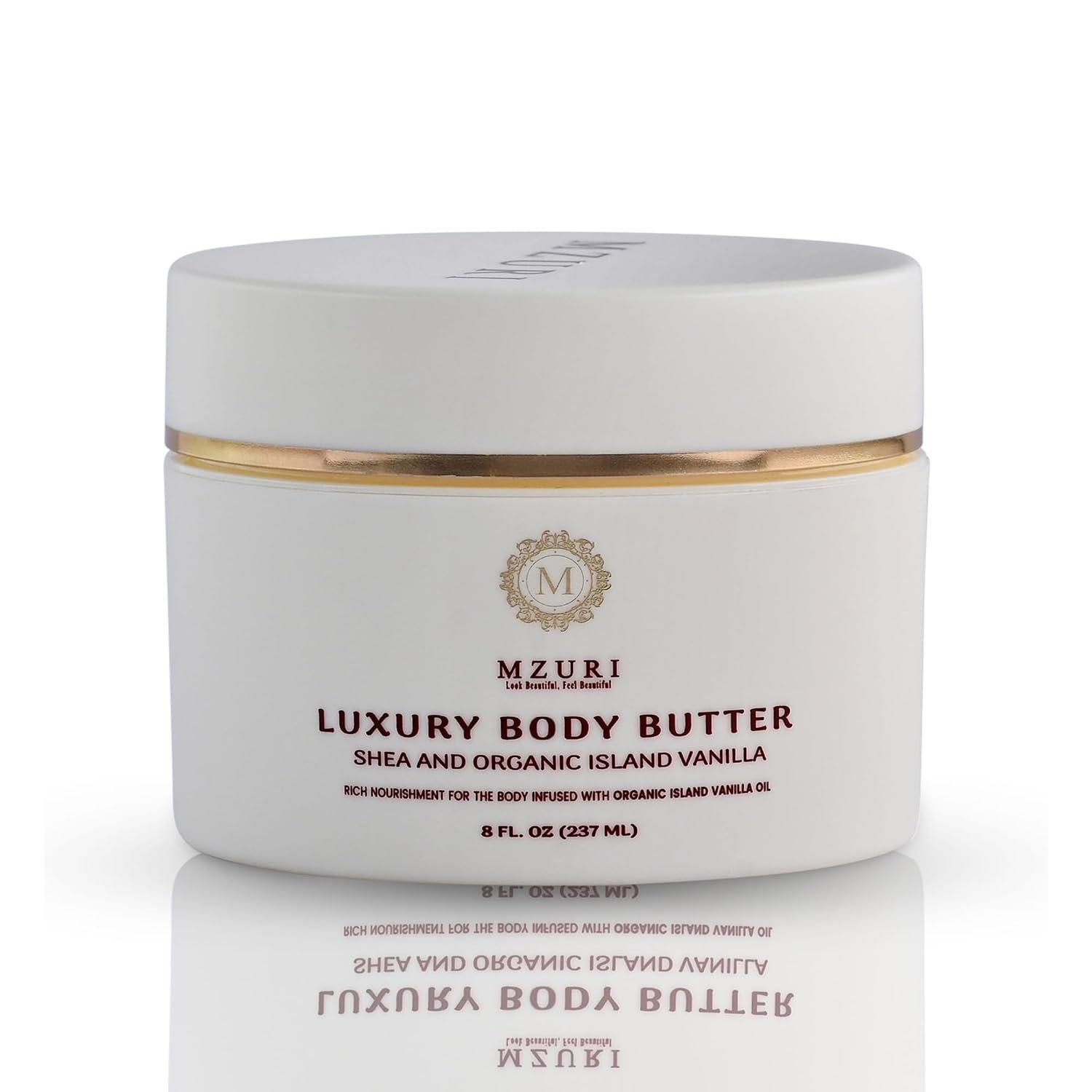 MZURI Body Butter, Whipped Shea and Island Vanilla Blend, Fast-Absorbing, Deep Moisturizing Cream with Essential Oils, Non-Greasy, Natural Skincare for Dry, Glowing Skin, Organic Butter – 8 Fl. Oz