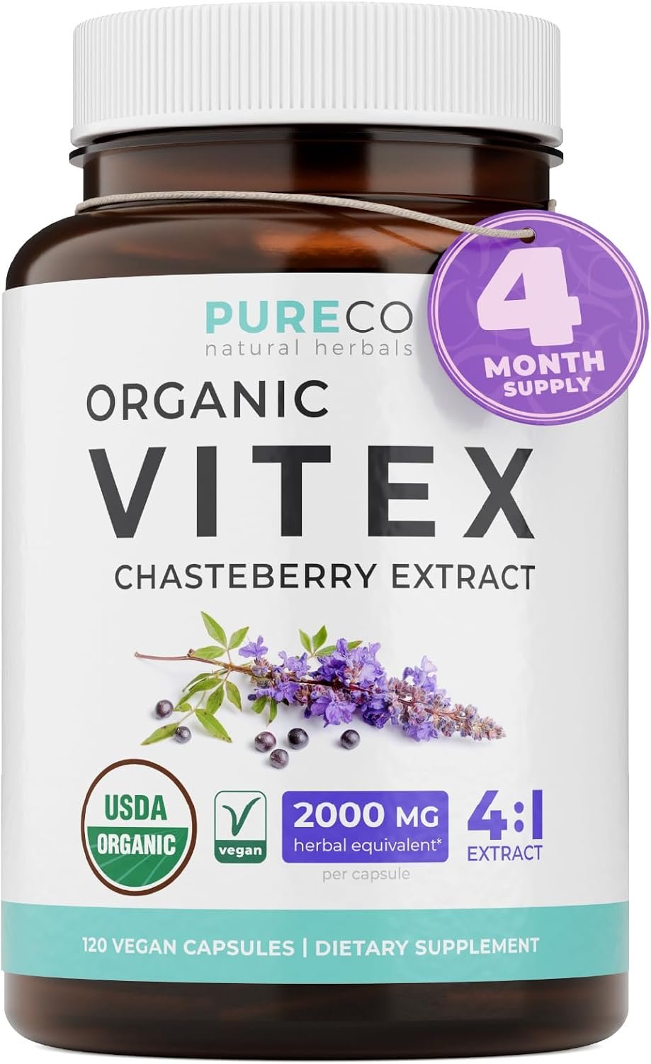 Organic Vitex Chasteberry Supplement for Women – High Strength Chaste Tree Berry Extract Supports Hormone Balance for Women from PMS to Menopause – Filler Free Vegan & Non-GMO (4 Month Supply)