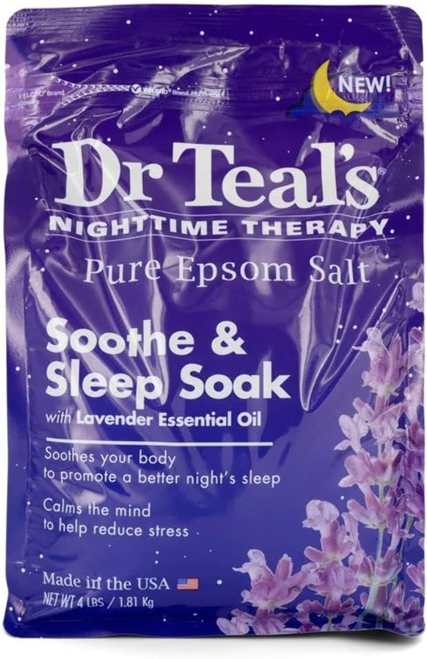 Dr. Teal’s Soothe & Sleep Lavender Pure Epsom Salt Soaking Solution (4lb. Bag) – Essential Oils – Relieve Your Senses & Any Tired, Achy Muscles at Home