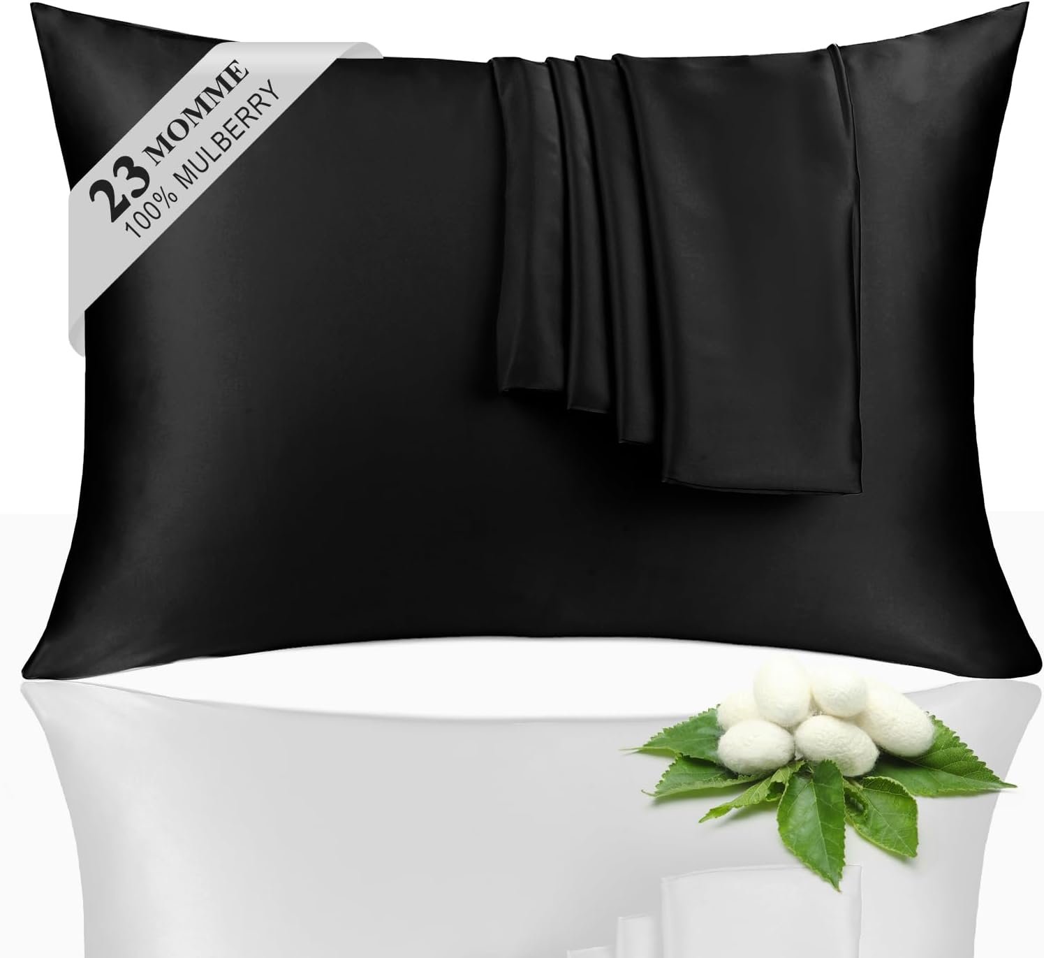 100% Silk Pillowcase 2 Pack for Hair and Skin, Both Sides 23 Momme Grade 6A+ Mulberry Silk Pillowcases with Hidden Zipper, Soft&Smooth Cooling Pillow Cases (Black, Standard 20×26)