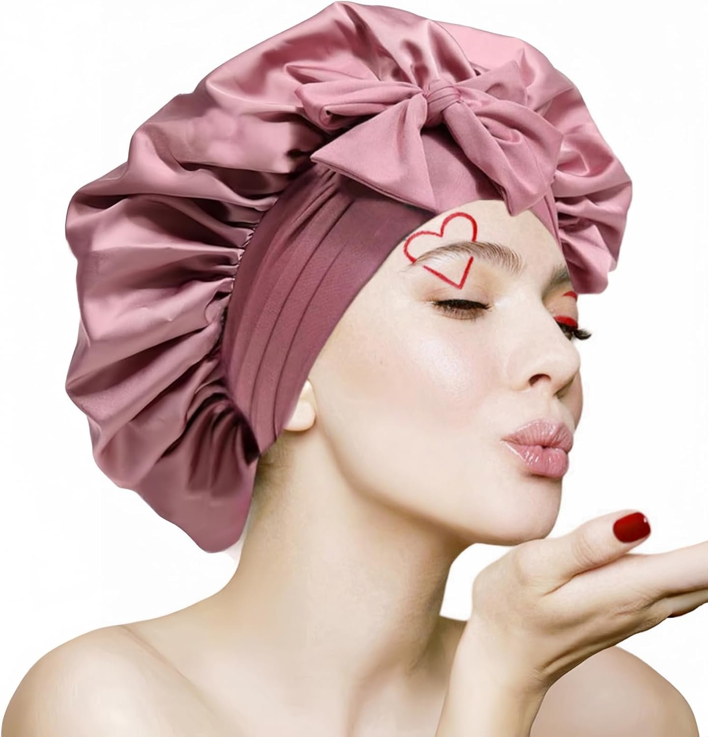 VECIIR Silk Bonnet for Sleeping Women，hair bonnet for sleeping Silk Night Cap for Curly/Natural Hair Skin Pink,Large
