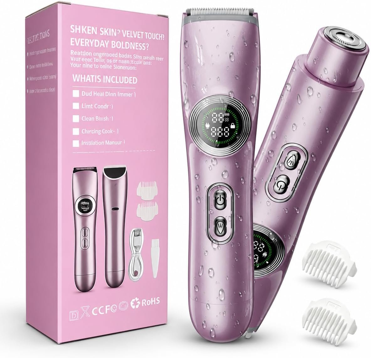 2-in-1 Electric Bikini Trimmer for Women: Dual Head Pubic Area Body Hair Shaver for Womens – Rechargeable IPX6 Wet Dry Razor with LED Display for Female – Painless Facial Removal Ceramic Blade Shavers