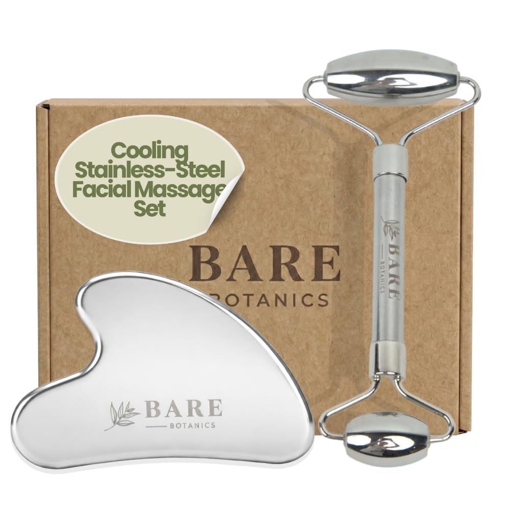 BARE BOTANICS Steel Gua Sha and Face Roller Set – Face Depuff Skincare Duo