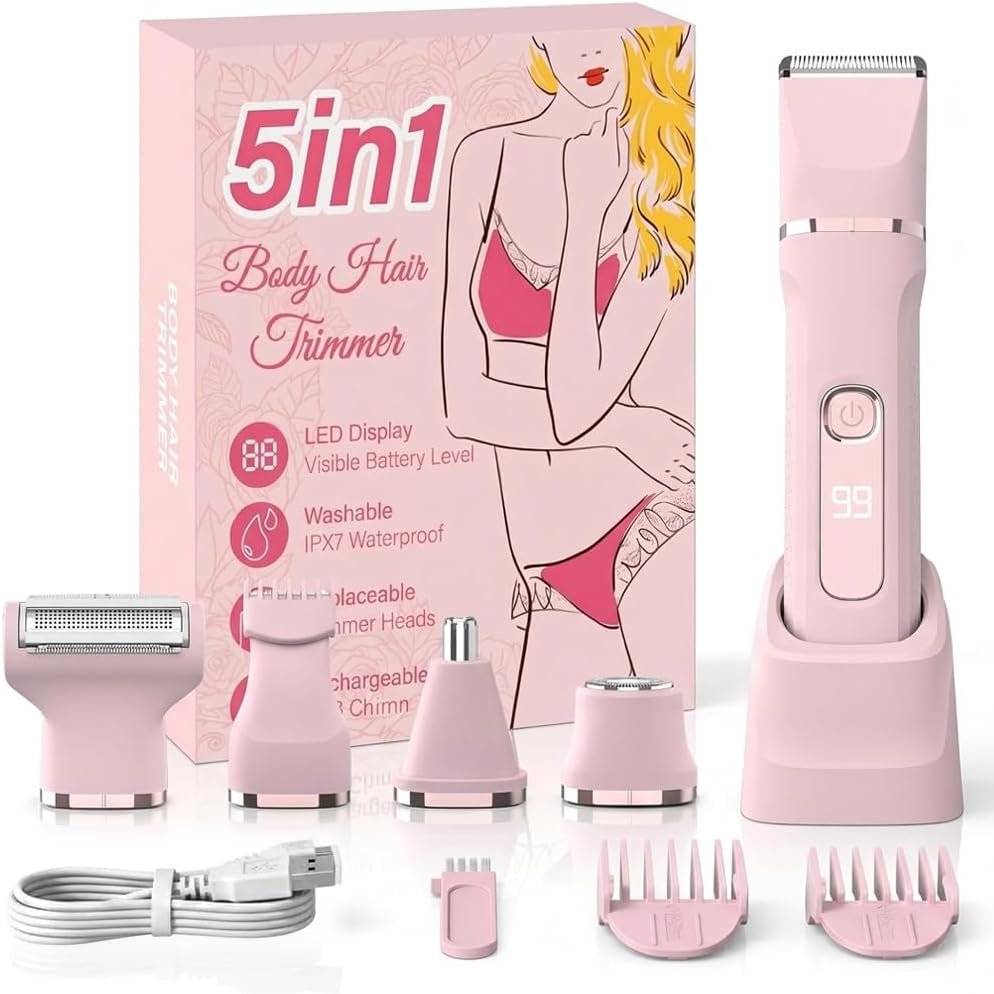 5-in-1 Bikini Trimmer for Women,Electric Shaver for Women,Electric Razor Body Hair Trimmer,Cordless Body & Facial Razors, Shaver, IPX7 Waterproof,with 5 Blades,USB Rechargeable(Pink)