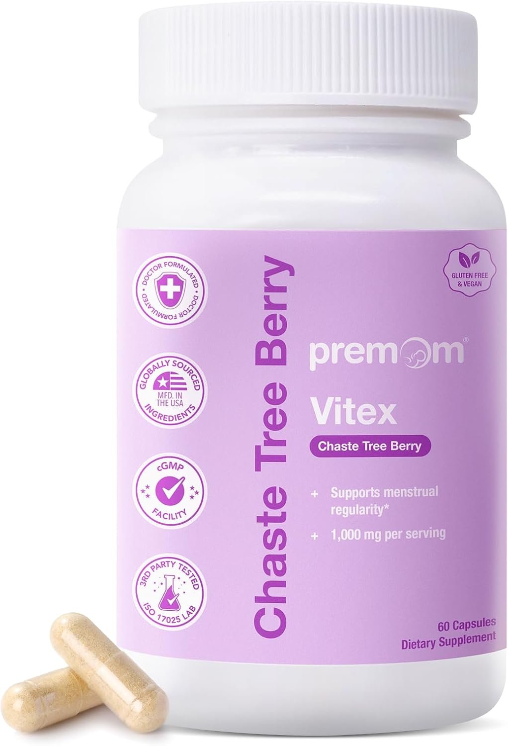 Premom Vitex Chasteberry Supplement for Women, 1,000mg Per Serving, Vegan