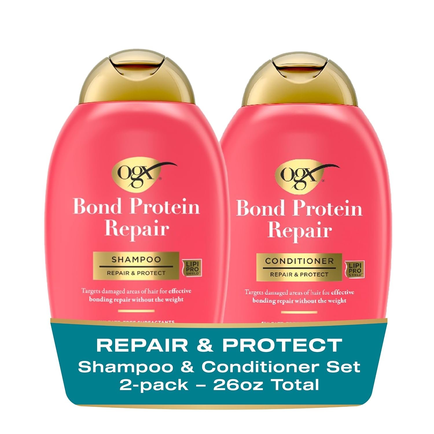 OGX Repair + Protect Bond Protein Repair Shampoo and Conditioner Set, targets damaged areas for bond protection, sulfate-free, hydrating care for color-treated, dry hair, 13 fl oz each (Pack of 2)