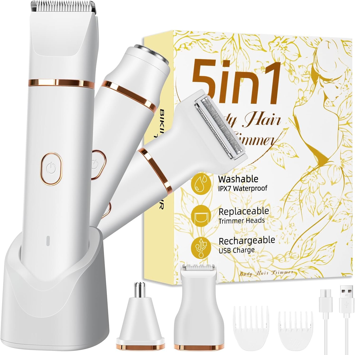Women’s 5-in-1 Body Hair Shaver, Bikini Trimmer, IPX7 Waterproof, USB White