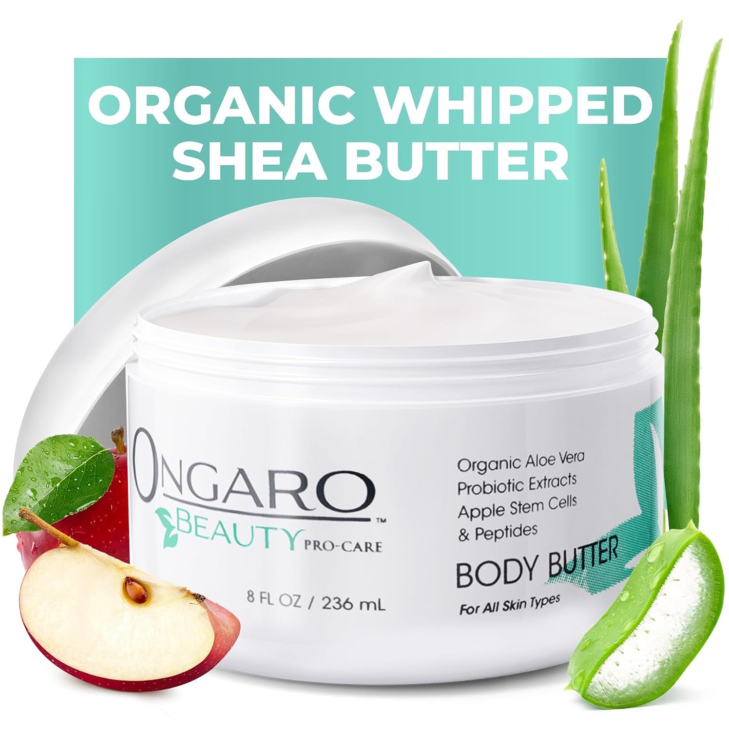 Ongaro Beauty – Whipped Body Butter Cream, Organic Shea Butter for Women with Aloe Vera, Plant Stem Cells, Peptides, Hyaluronic Acid, Probiotics, Vitamin C & E, Body Care for Women – 8 Fl Oz
