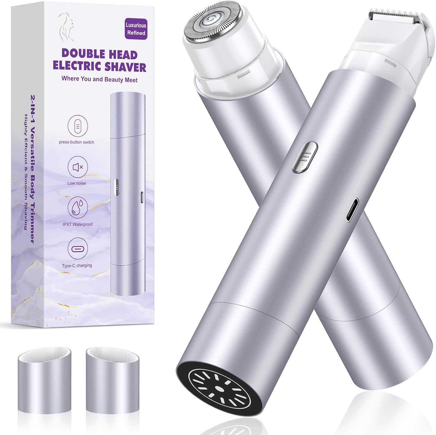 Bikini Trimmer for Women, Dual Head Face Shaver Body Hair Trimmmer, IPX7 Waterproof Womens Electric Razor for Legs, Light Purple