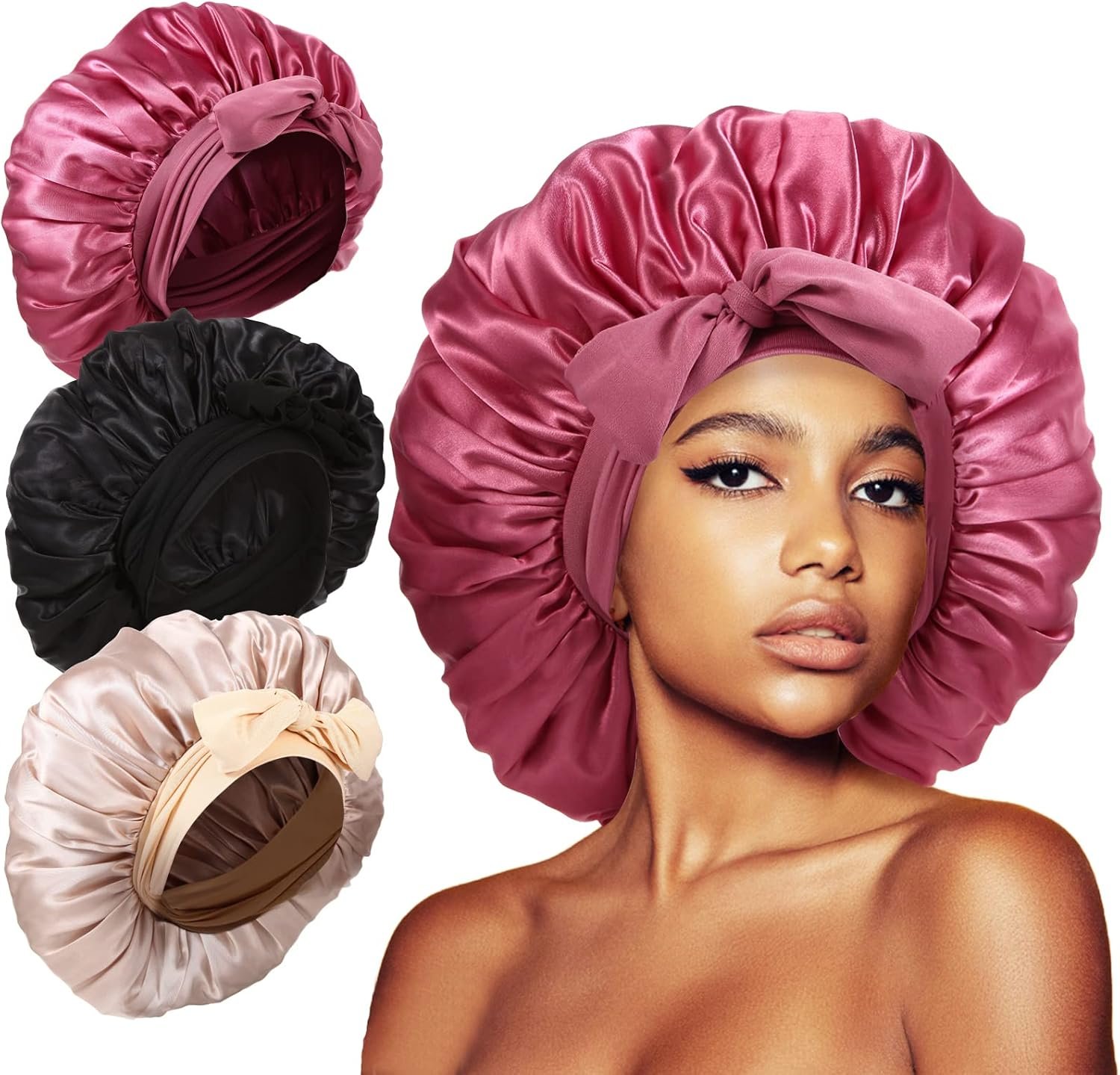 3Pcs Bonnets for Sleeping, Extra Satin Silk Bonnet for Sleeping Women with Tie Band for Curly Hair Jumbo Bonnet Braids