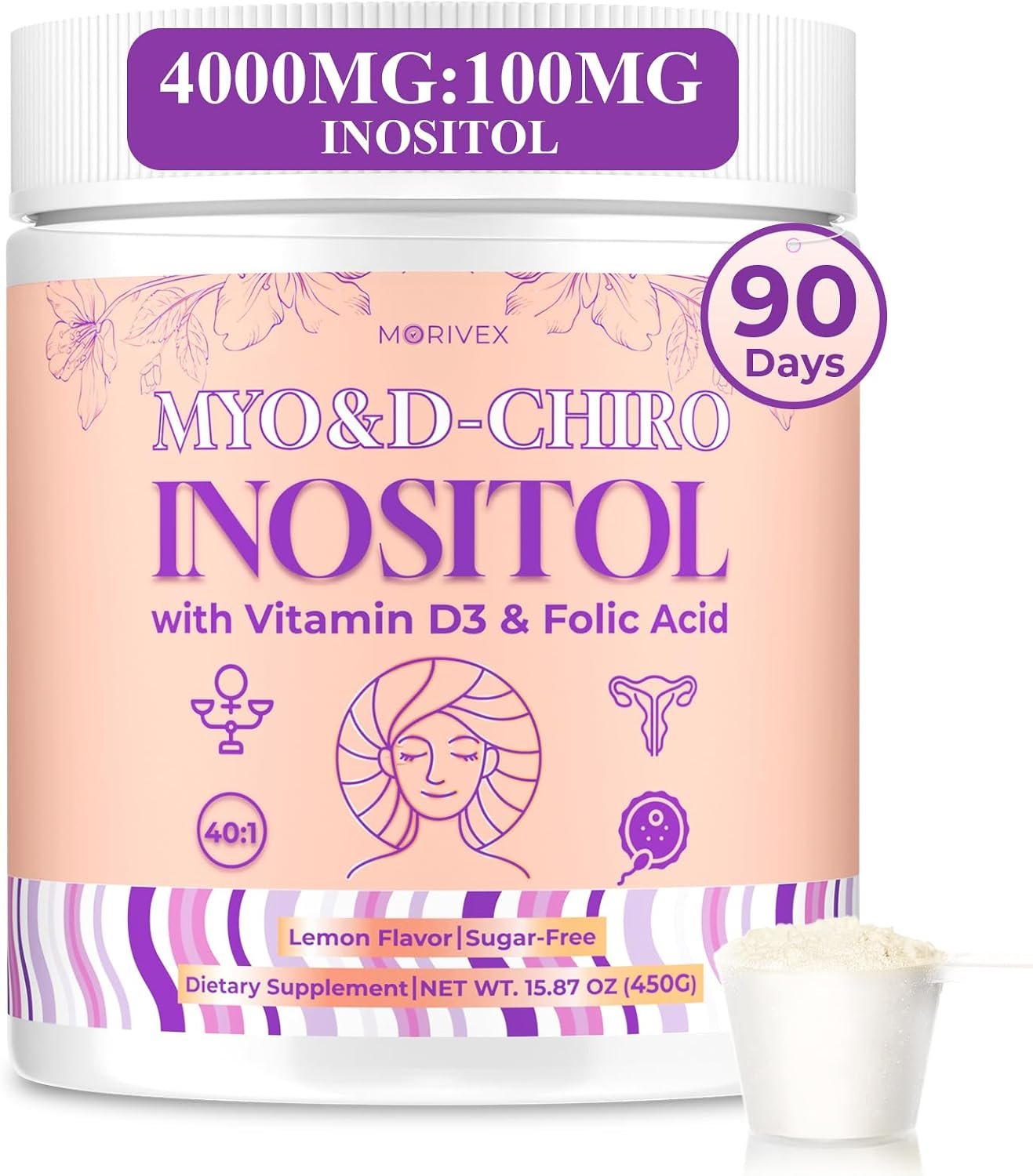 90-Day Myo-Inositol & D-Chiro Inositol Supplement for Women, Fertility Supplements Hormonal Balance for Women Ovarian Health Support, High 4000mg:100mg Inositol Powder with Folic Acid & Vitamin, Vegan