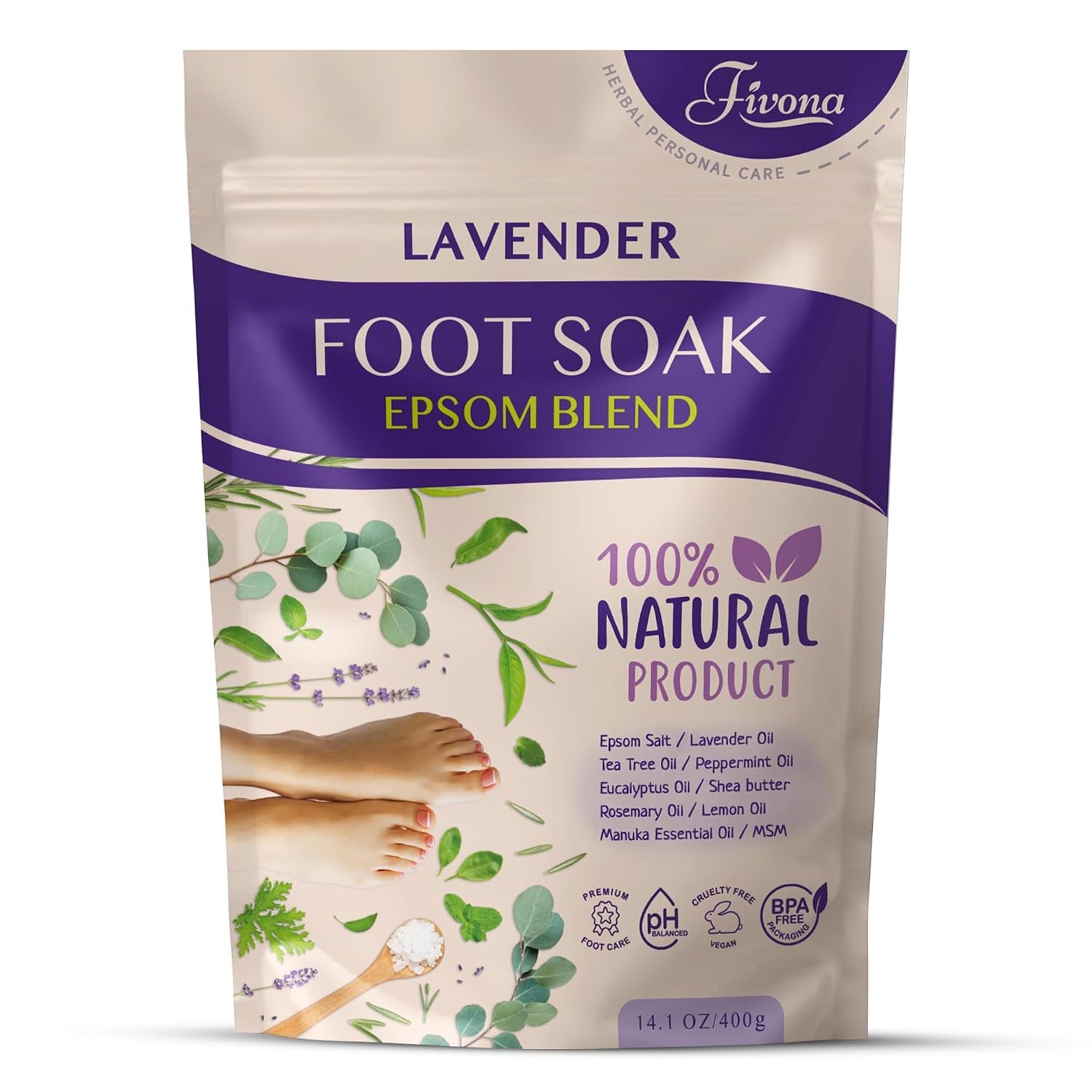 Fivona Foot Soak Blend Epsom Salt with Lavender 14.1 oz – Calming Foot Bath Salt, Relax & Renew Tired Feet, Soothe Soreness, Soften Calluses – Rejuvenating Pedicure Spa at Home