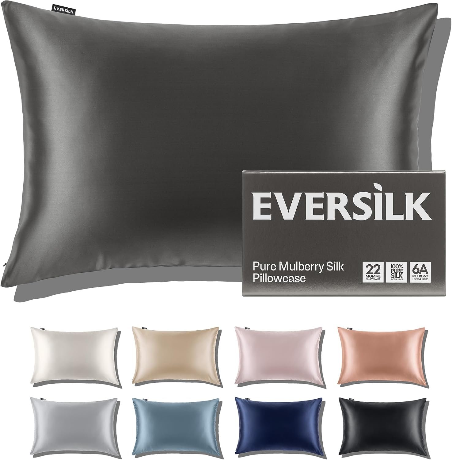 Mulberry Silk Pillowcase for Hair and Skin: 22 Momme 100% Pure Natural Silk Pillow Case with Hidden Zipper – 6A Grade Hypoallergenic Cool Pillow Cover for Sleep – 1 PC Dark Gray Standard in Gift Box