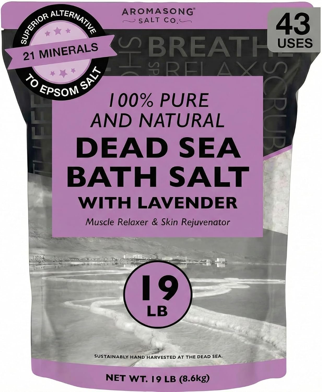 Aromasong Pure Dead Sea Salt for Soaking with 100% Natural Lavender, 19 LB – Spa Bath Salt Fine Grain – Body Wash Scrub – Soak for Women & Men- Bulk Resealable Pack