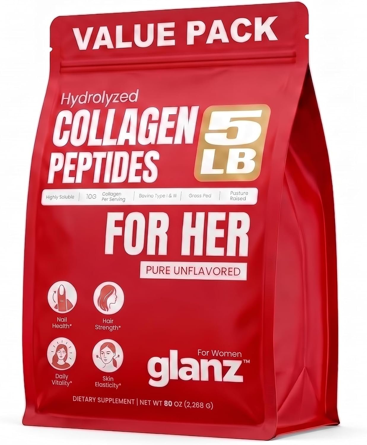 GLANZ Hydrolyzed Collagen Peptides Powder for Women, Unflavored, 5 lb