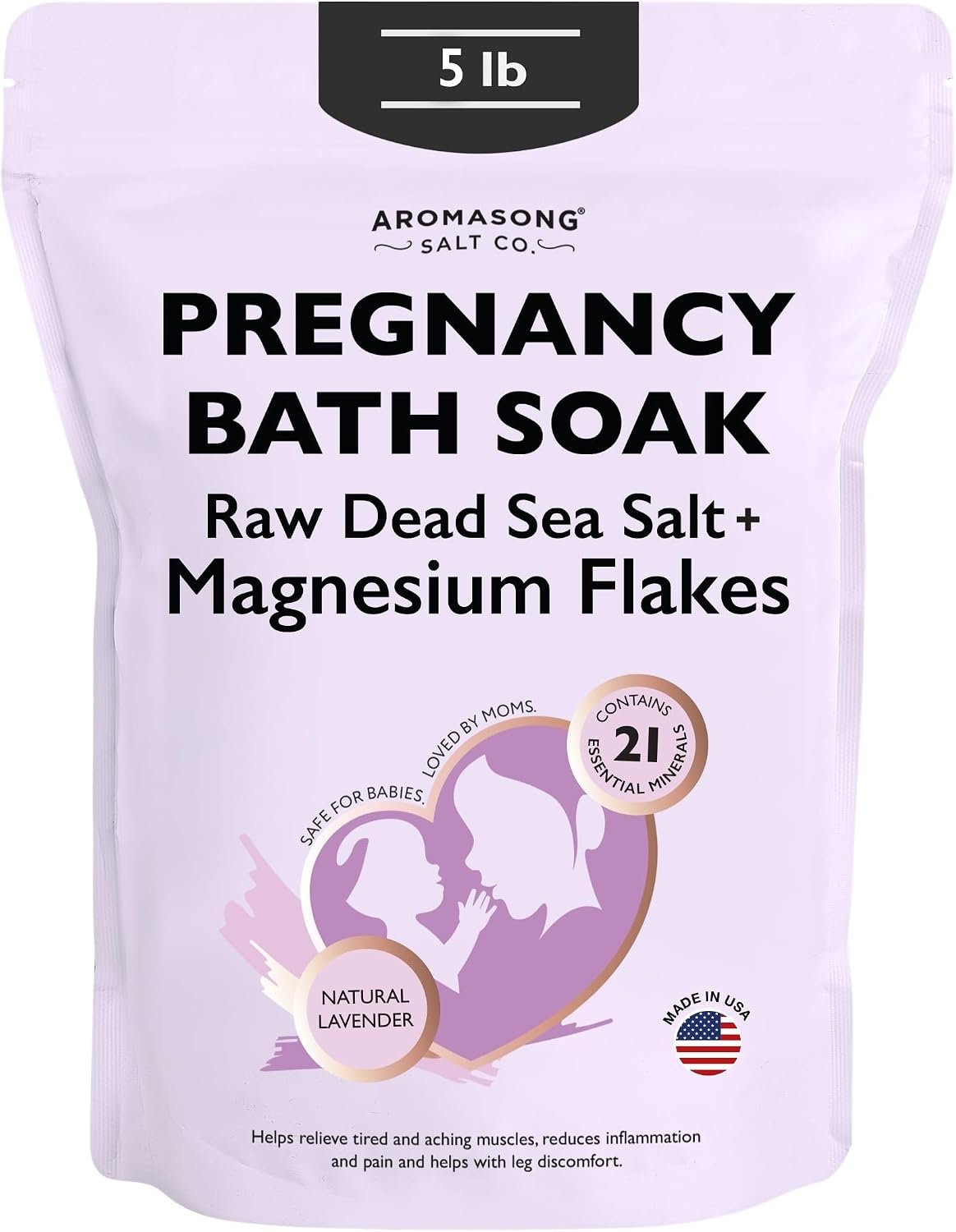 Aromasong Dead Sea Pregnancy Bath Soak 5 LB – Natural Lavender Pure Magnesium Flakes & Minerals – Pregnancy, Postpartum Muscle Ache & Leg Discomfort – Better Absorbs Than Epsom (Packaging May Vary)