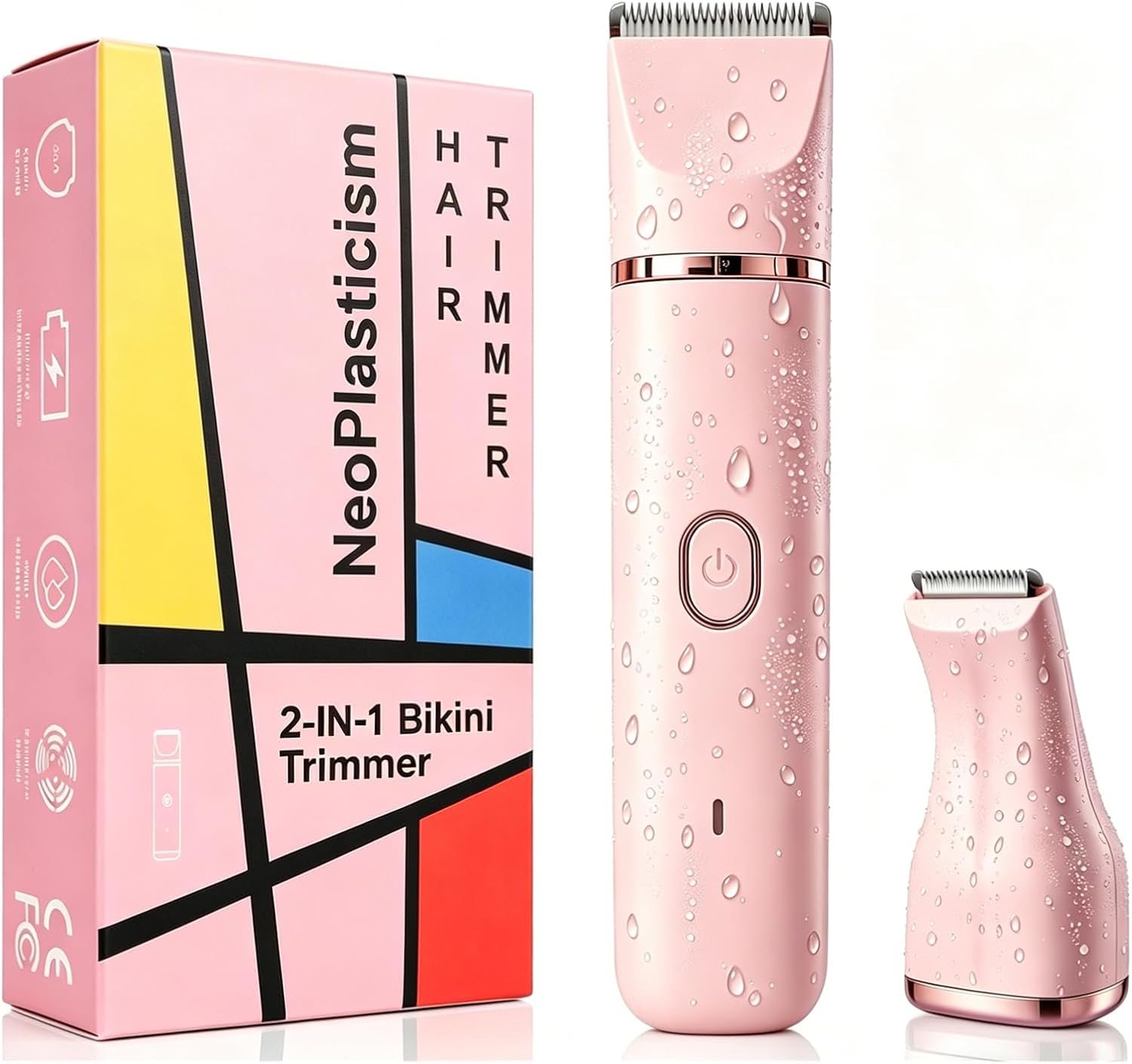 Bikini Trimmer for Women,Rechargeable Ladies Bikini Hair Trimmer Removal with Snap-in Ceramic Blades IP7X Washable Head,Pastel Pink