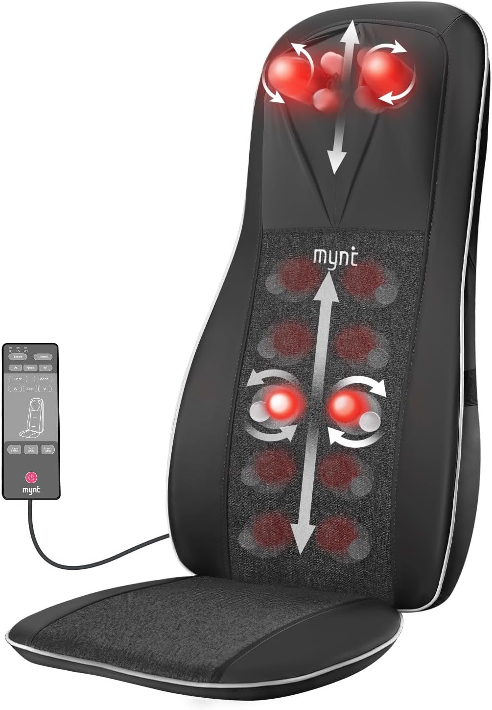 Mynt Shiatsu Neck & Back Massager for Chair, Deep Tissue Kneading Chair Pad