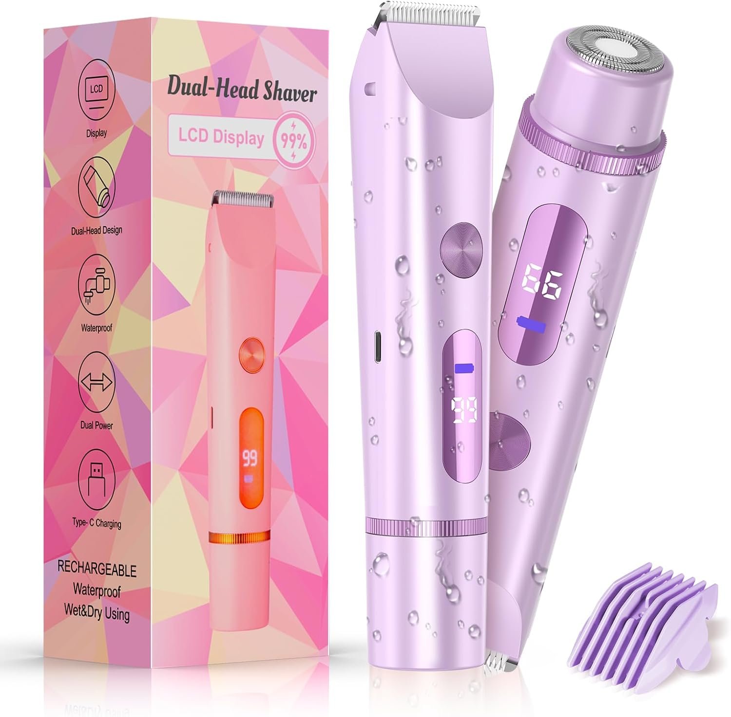Bikini Trimmer for Women Electric Razors for Women Women’s Electric Razor 2 in 1 Shaver Pubic Hair Trimmer Ipx7 Waterproof Wet Dry Use Bikini Shaver for Ladies Pubic, Legs, Face, Underarms (Purple)