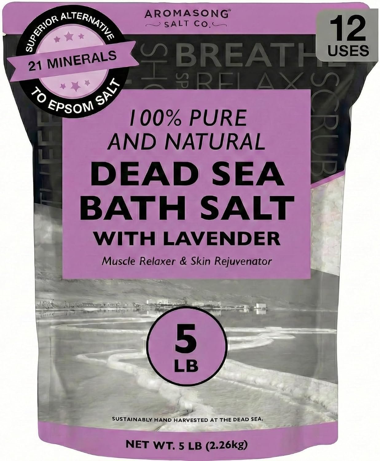 Aromasong Pure Dead Sea Salt for Soaking with 100% Natural Lavender, 5 LB – Spa Bath Salt Fine Grain – Body Wash Scrub – Soak for Women & Men- Bulk Resealable Pack (Packaging May Vary)