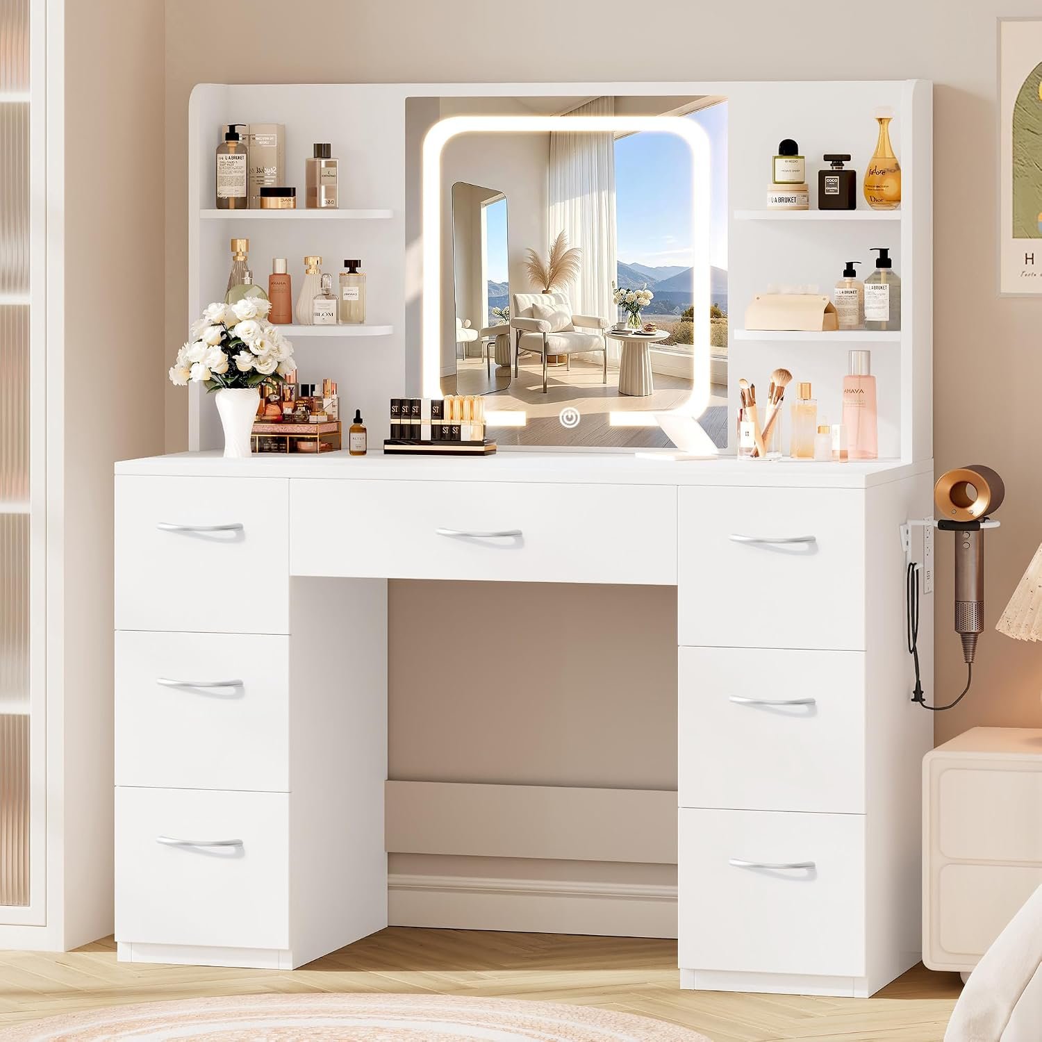 LIVELYGLOW 43″ Large White Makeup Vanity Desk with Charging Station