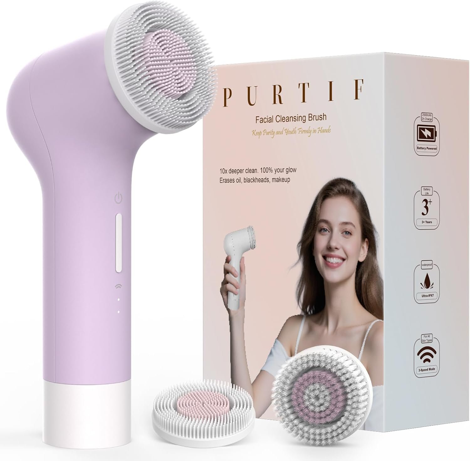 Electric Facial Cleansing Brush, Rechargeable Silicone Face Scrubber Exfoliator with Patented Dual-Ring Brush Heads, 3 Rotating Speeds, Non-Vibration Exfoliator Brush, for Women & Men Skincare