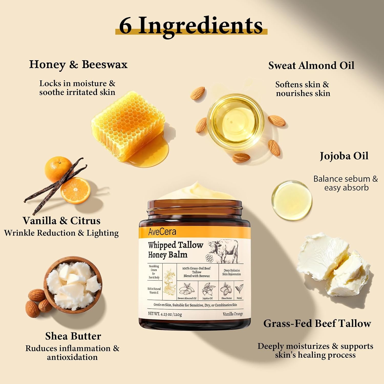 4.2Oz Beef Tallow Honey Balm for Skin with Beeswax Jojoba Oil Shea Butter