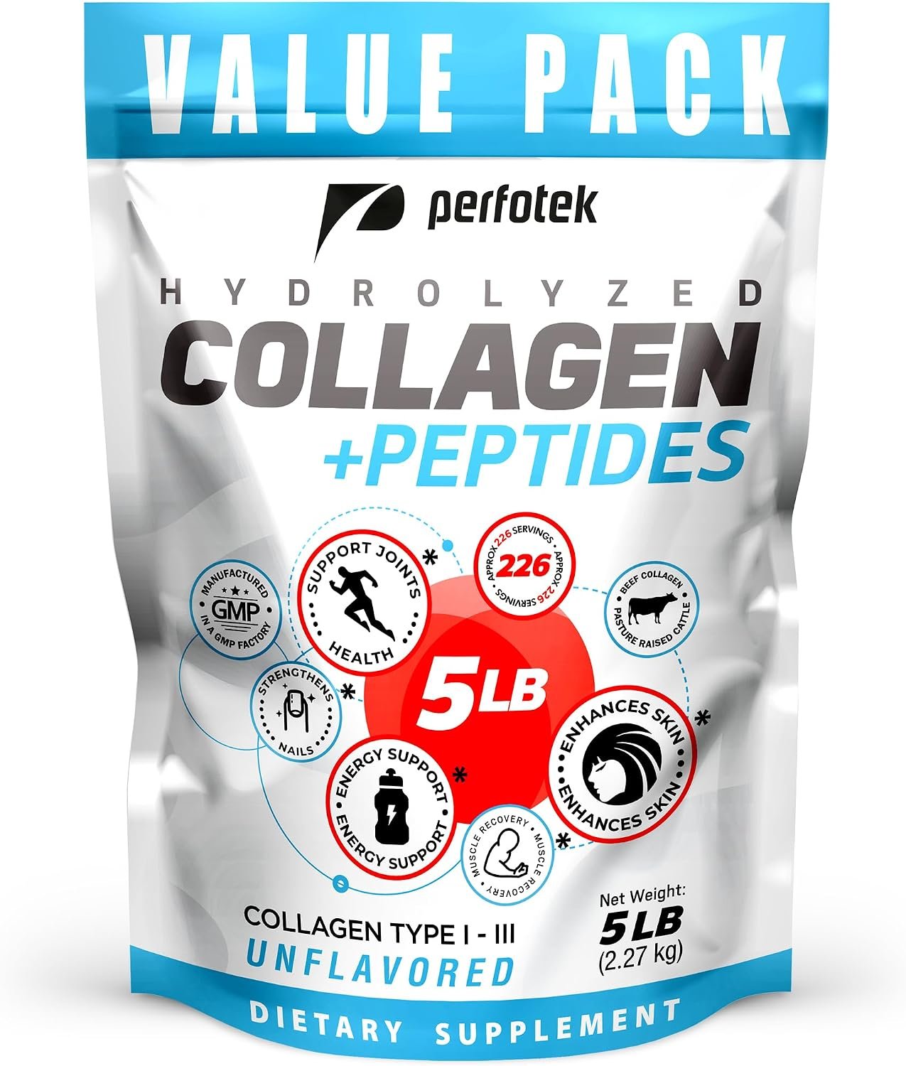 Collagen Powder for Women Men (5Lb) Types I & III Unflavored Easy to Mix Hydrolyzed Protein Peptides Non-GMO Grass-Fed Gluten-Free Kosher Pareve Healthy Hair Skin Joints and Nails