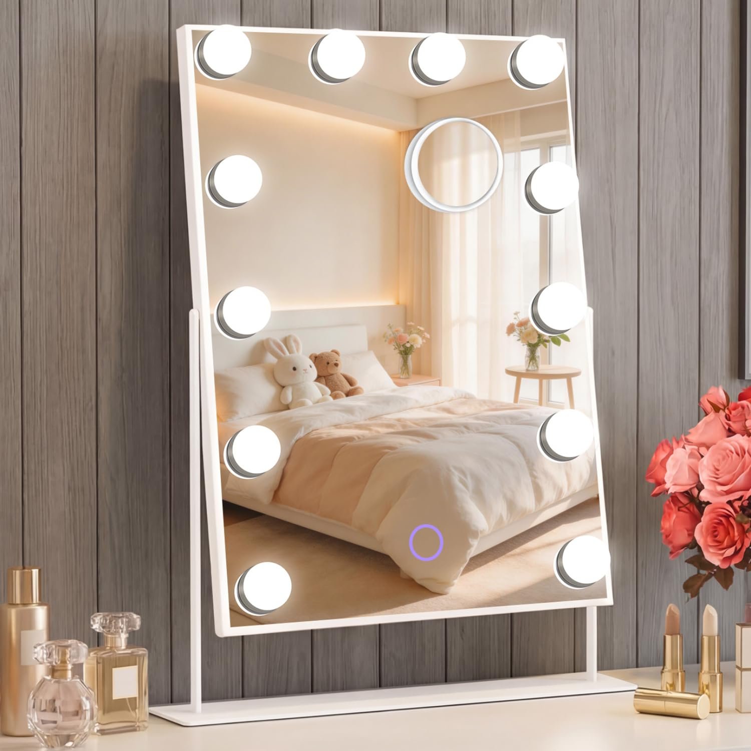 Hollywood Vanity Mirror with Lights 14″ x 19″, 10x Magnifying, 12 LED Bulbs, 3 Color Lights and 360° Rotation Desk Lighted Makeup Mirror for Bedroom Dresser College Dorm