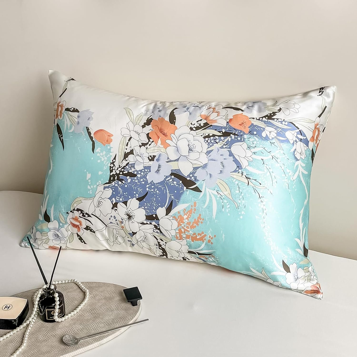 100% Pure Mulberry Silk Pillowcase Queen Size for Hair and Skin,Real Silk Pillow Cases with Zipper,Soft and Cooling,Both Sides Natural Slip Silk,Floral Print,1pc(20″x30″,Pattern2)