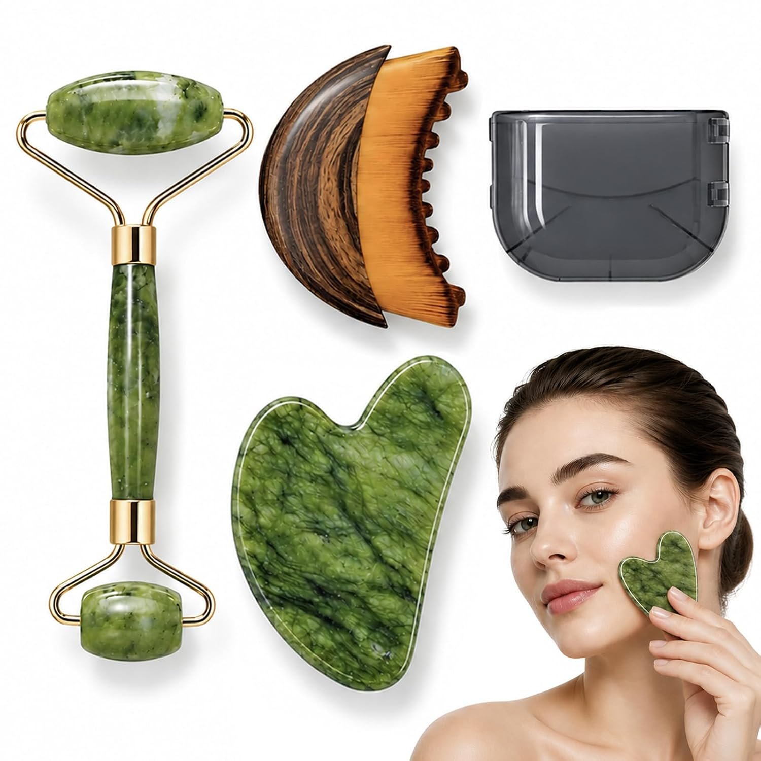 Lymphatic Contour Face Brush, 3 in 1 Facial Massage Tools, Lymphatic Face Brush with Natural Jade Roller & Gua Sha Set for Lymphatic Drainage, Face Sculpting