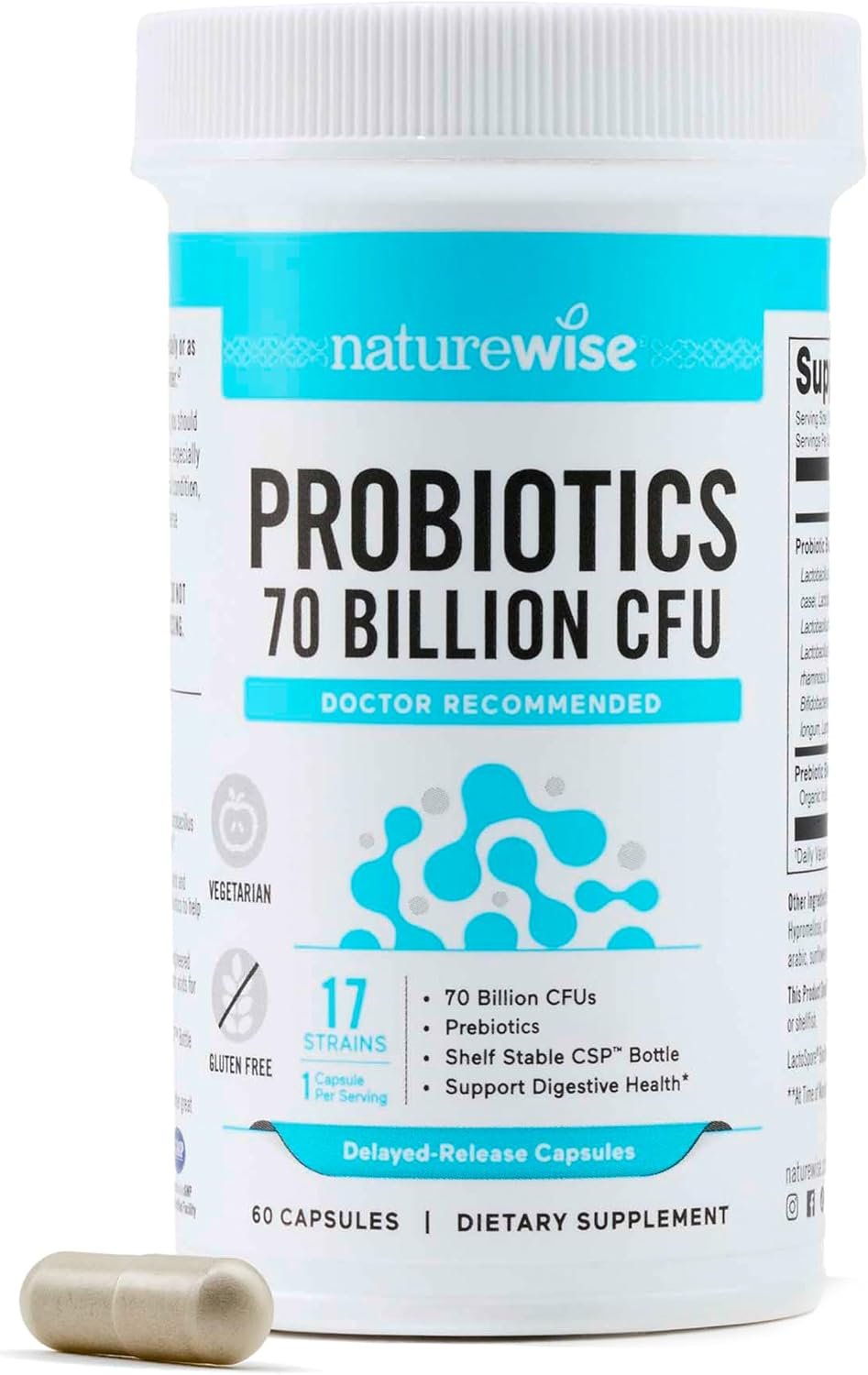 NatureWise Probiotics 70 Billion CFU – 17 Strains + Organic Prebiotics – Immune, Digestive & Gut Health Support for Women & Men – Vegetarian, Gluten-Free, Non-GMO – 60 Capsules[2-Month Supply]
