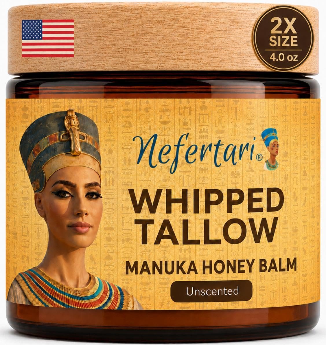 Nefertari Organic Beef Tallow and Honey Balm (04 OZ) – Natural Whipped Beef Tallow for Skin, Face, Lips, Body – with Manuka Honey, Olive Oil, Marigold Flower, and Vitamin E