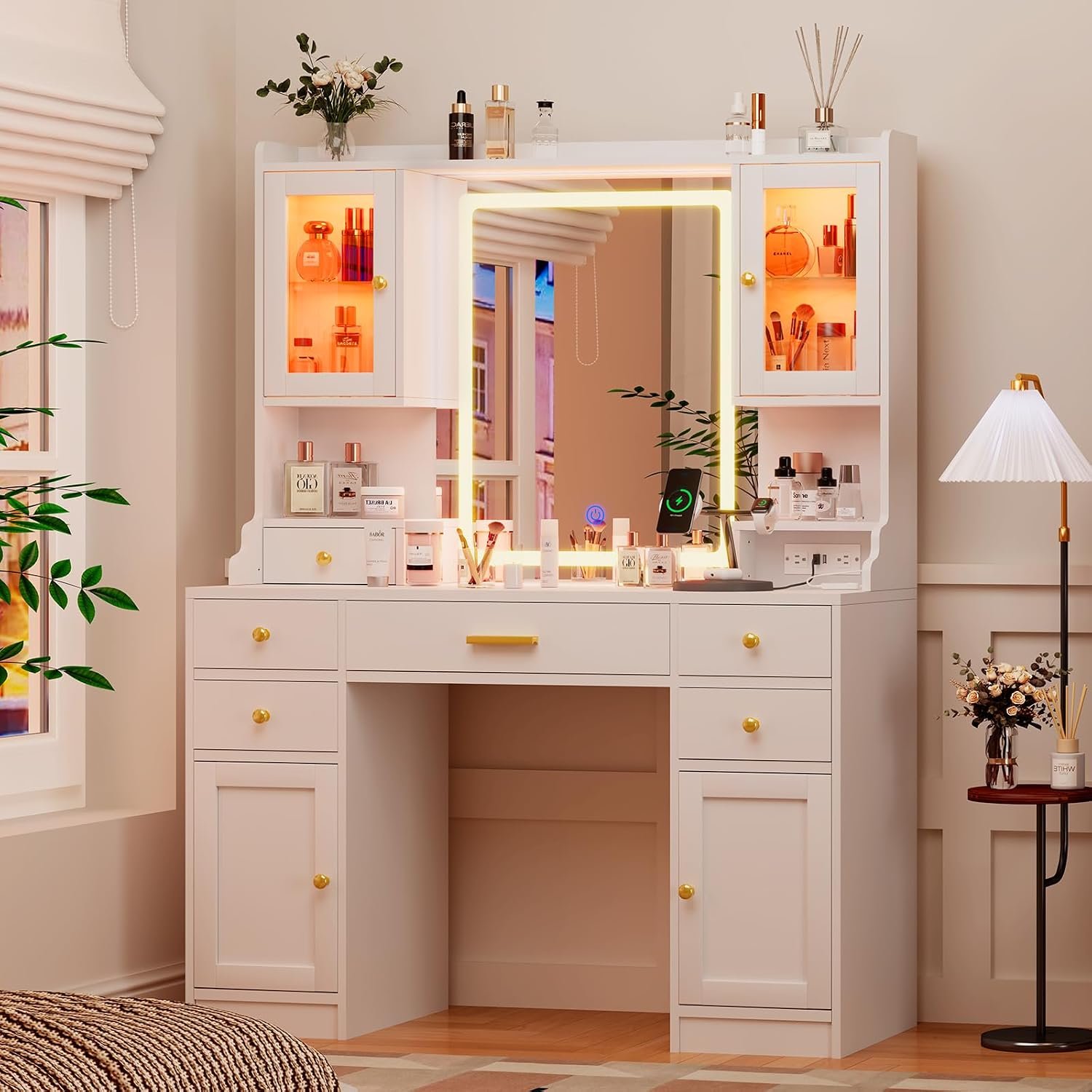 CSZZD White Makeup Vanity Desk with LED Mirror & RGB Cabinets