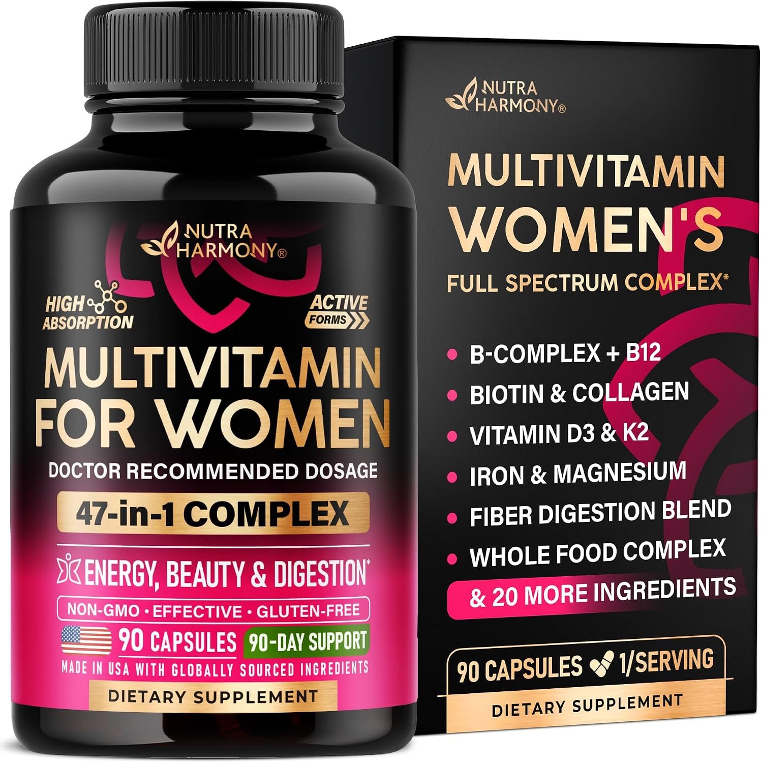 Multivitamin for Women 47in1 – B-Complex, Biotin, D3 & K2, Iron – 90 Caps