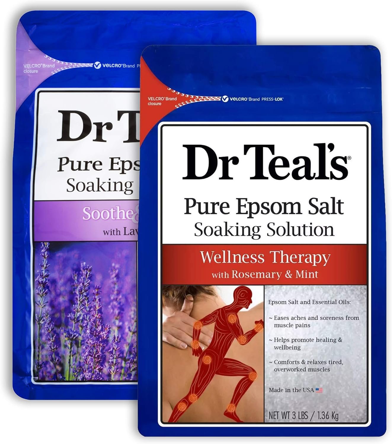 Dr Teal’s Epsom Salt Bath Combo Pack (6 lbs Total), Soothe & Sleep with Lavender, and Wellness Therapy with Rosemary and Mint