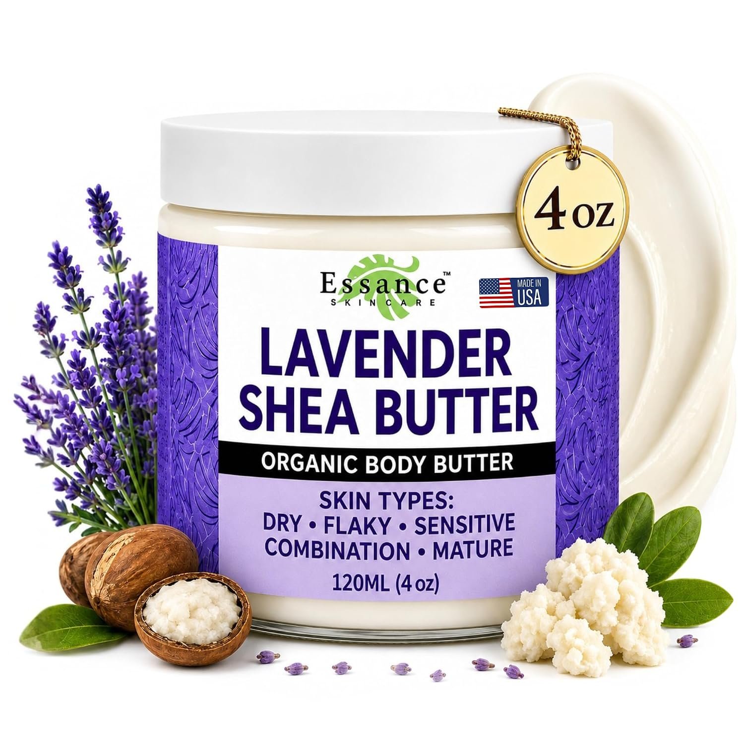 Essance Lavender Body Butter 4 oz/120mL | Shea Butter Cream for Dry Skin