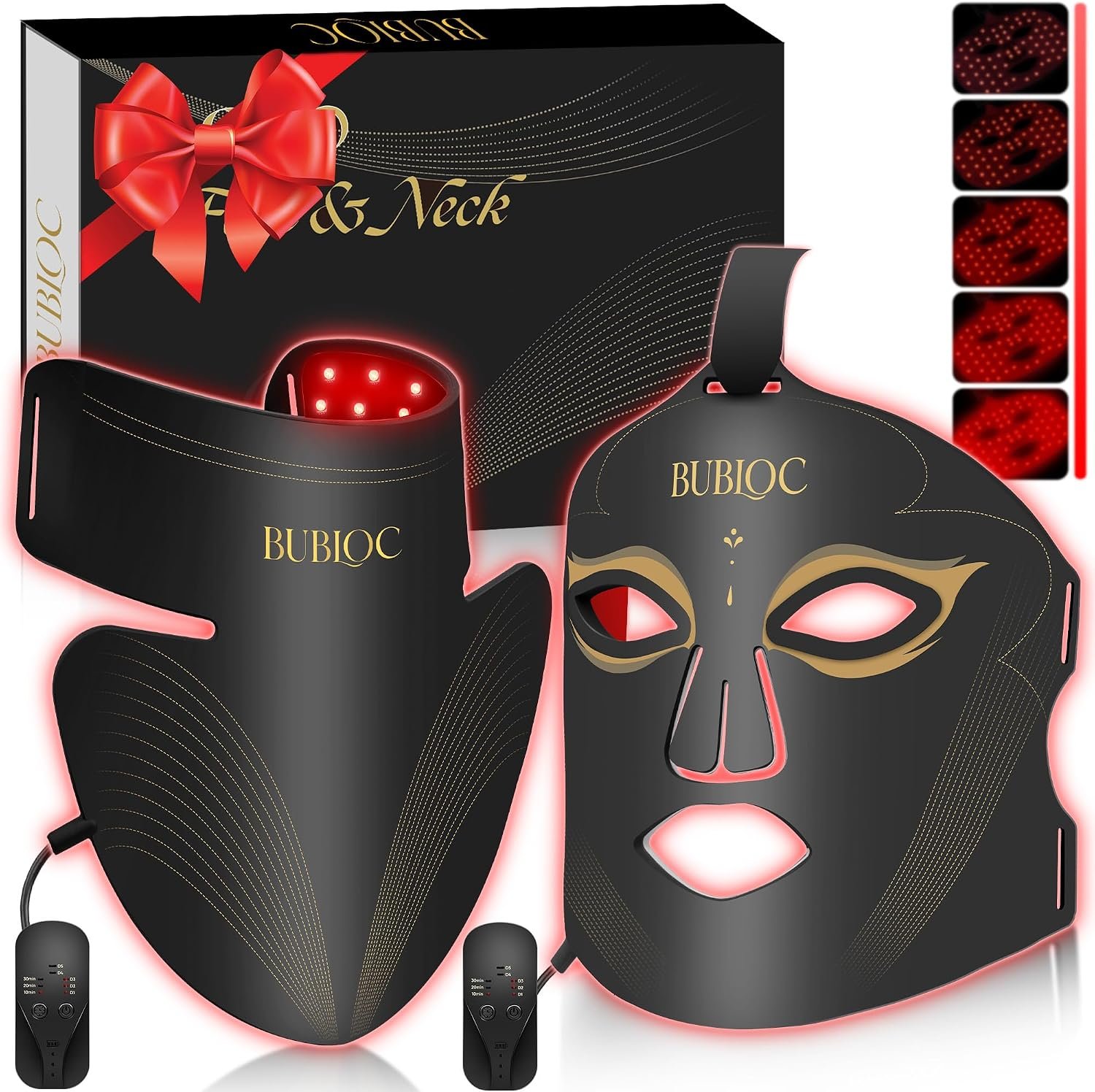 Red Light Therapy Mask Set, Five-Level Brightness Adjustment for Face and Neck, 630nm Infrared Light + 850nm Near-Infrared LED Therapy Phototherapy, Portable Mask with Power Storage, Black