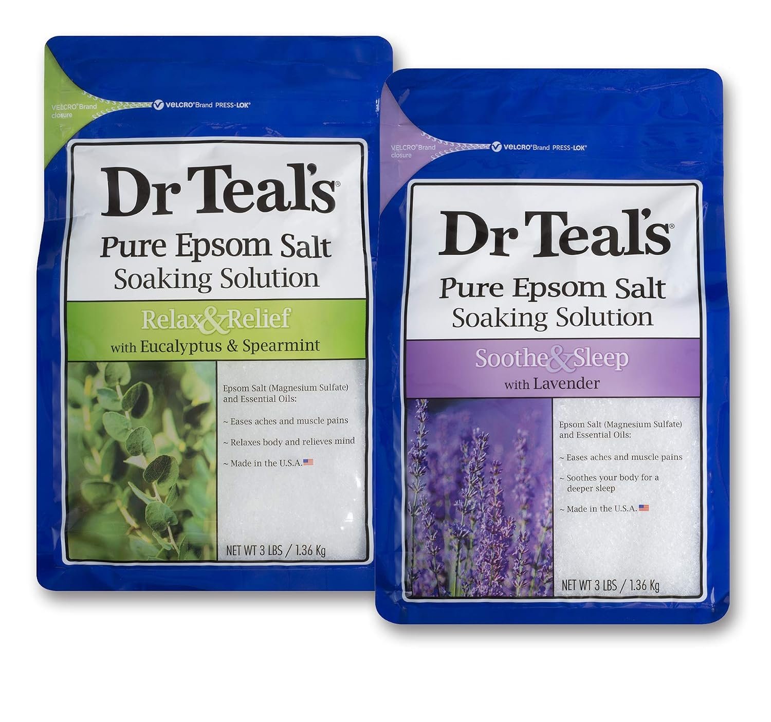 Dr Teal’s Epsom Salt Bath Soaking Solution, Eucalyptus and Lavender, 2 Count, 3lb Bags – 6lbs Total