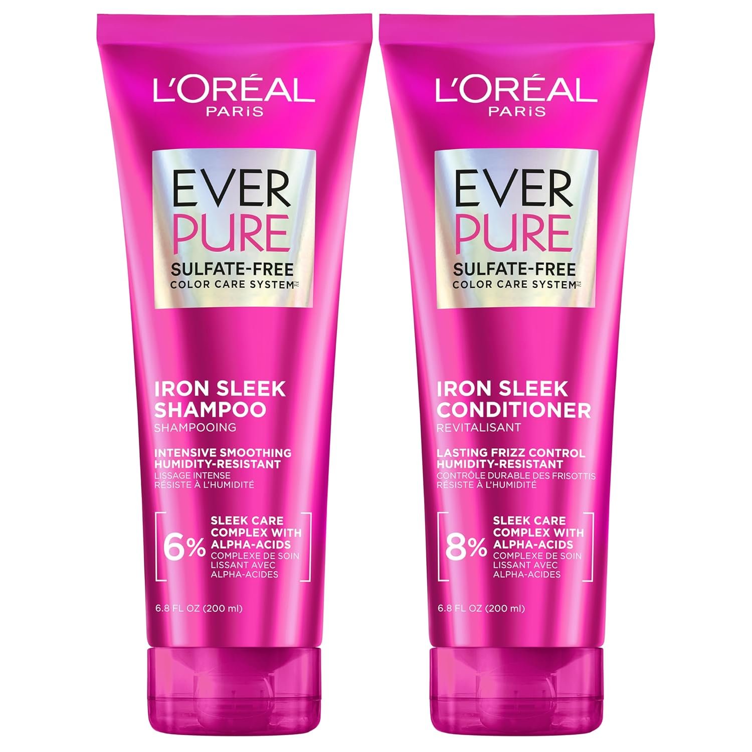 L’Oreal Paris Sulfate Free Iron Sleek Smoothing Shampoo and Conditioner Set, Frizz Control and Humidity-Resistant Formula with Alpha-Acids, Suitable for Color-Treated Hair, EverPure, 13.6 Fl Oz Set