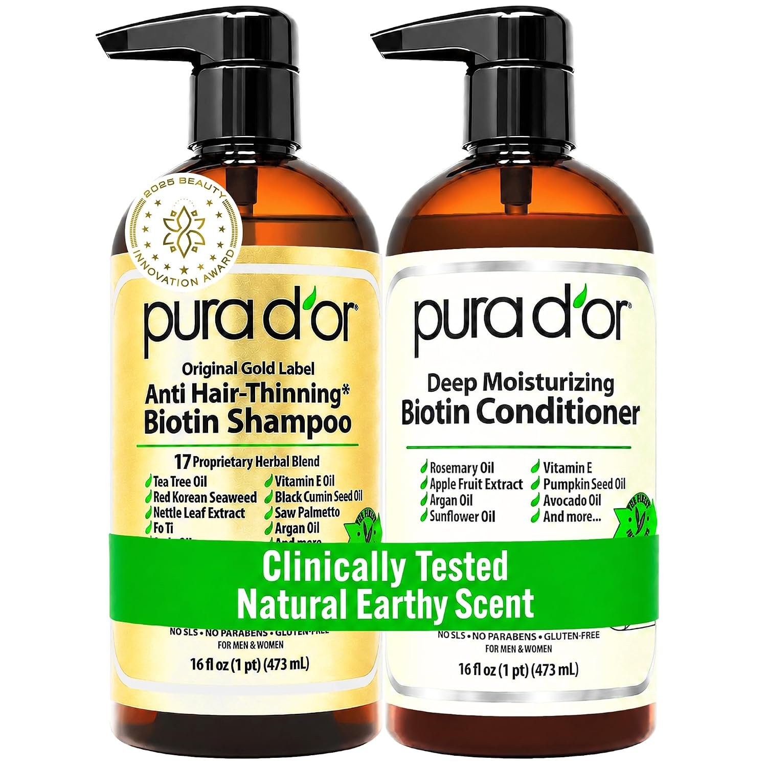 PURA D’OR Gold Label Anti-Thinning Biotin Shampoo & Conditioner, 16oz x2